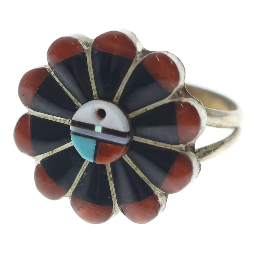 INDIAN JEWELRY(インディアンジュエリー) ZUNI RJV刻印 ズニ族 サンフェイス コーラル ジェット インレイワーク リング シルバー/マルチ