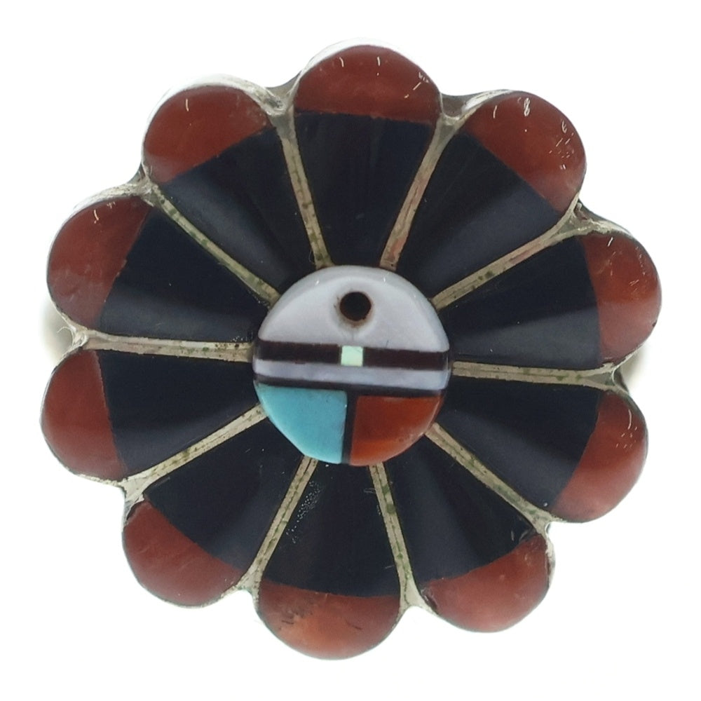INDIAN JEWELRY(インディアンジュエリー) ZUNI RJV刻印 ズニ族 サンフェイス コーラル ジェット インレイワーク リング シルバー/マルチ
