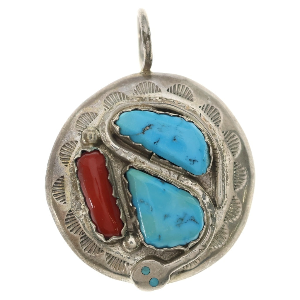 INDIAN JEWELRY(インディアンジュエリー) ZUNI Effie Calavaza ズニ族 エフィーカラバサ コーラル ターコイズ スネークアイ ペンダントトップ シルバー