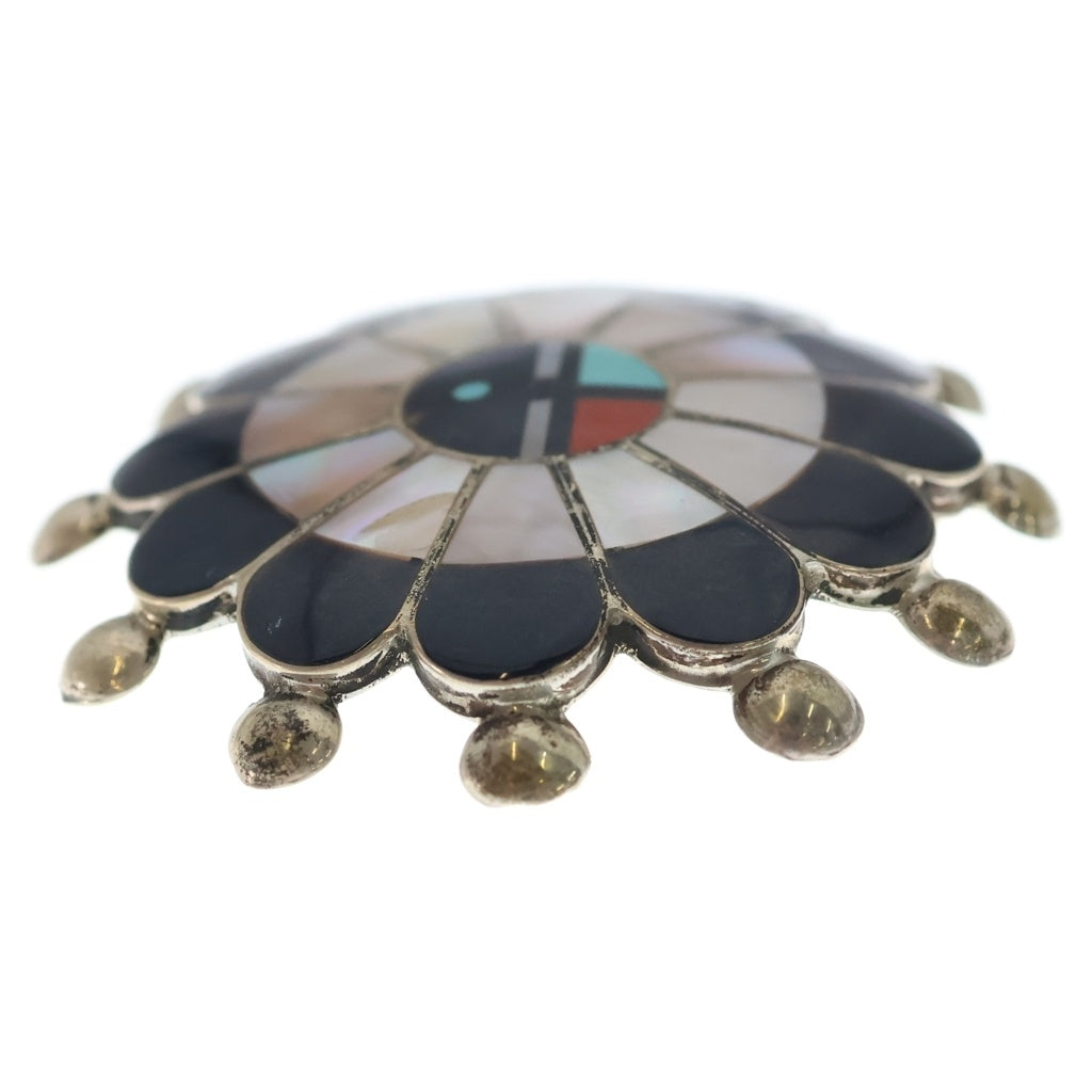 INDIAN JEWELRY(インディアンジュエリー) ZUNI Pauline Lonjose ズニ族 ポーリンロンジョセ サンフェイス インレイワーク ブローチ ペンダントトップ シルバー/マルチ