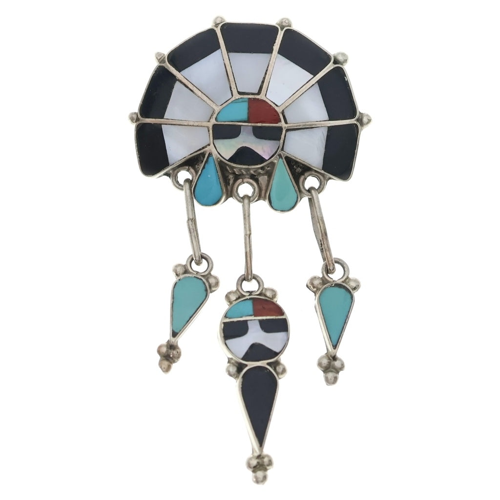 INDIAN JEWELRY(インディアンジュエリー) ZUNI Ricky Lateyice ズニ族 リッキーラテイシー 太陽神 サンフェイス インレイワーク ブローチ ペンダントトップ シルバー/マルチ