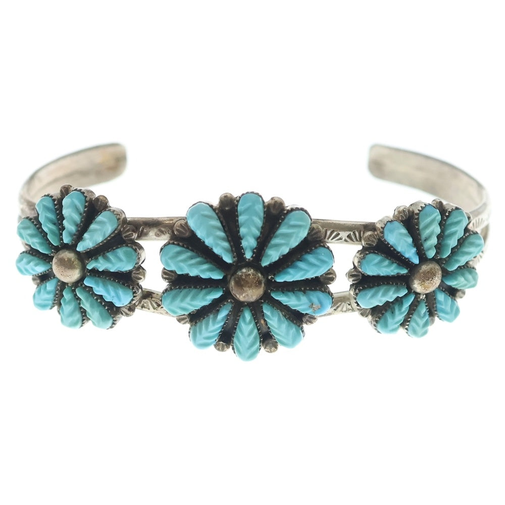 INDIAN JEWELRY(インディアンジュエリー) ZUNI Robert Eustace ズニ族 ロバートエスタース フラワーモチーフ ターコイズクラスター バングル ブレスレット シルバー/ターコイズ