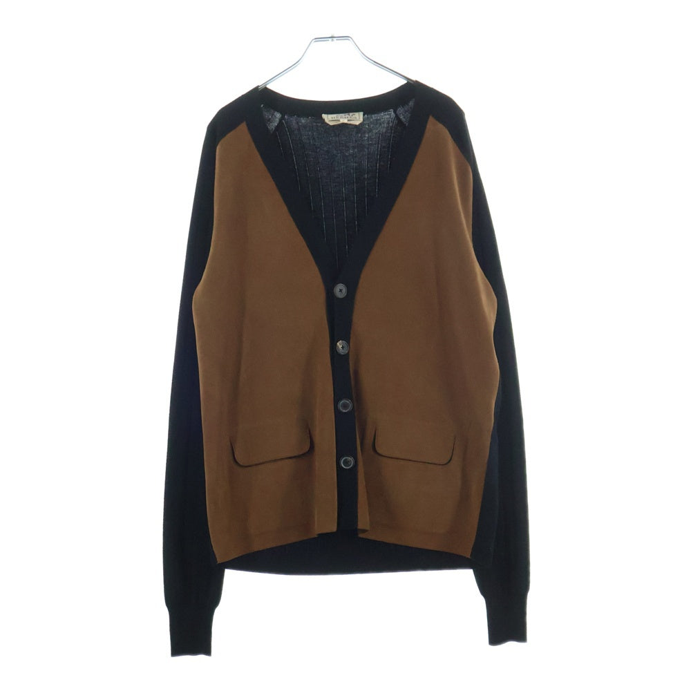 HERMES(エルメス) フロントボタン レザー切替 ドッキング 長袖ウールニットカーディガン ブラック/ブラウン