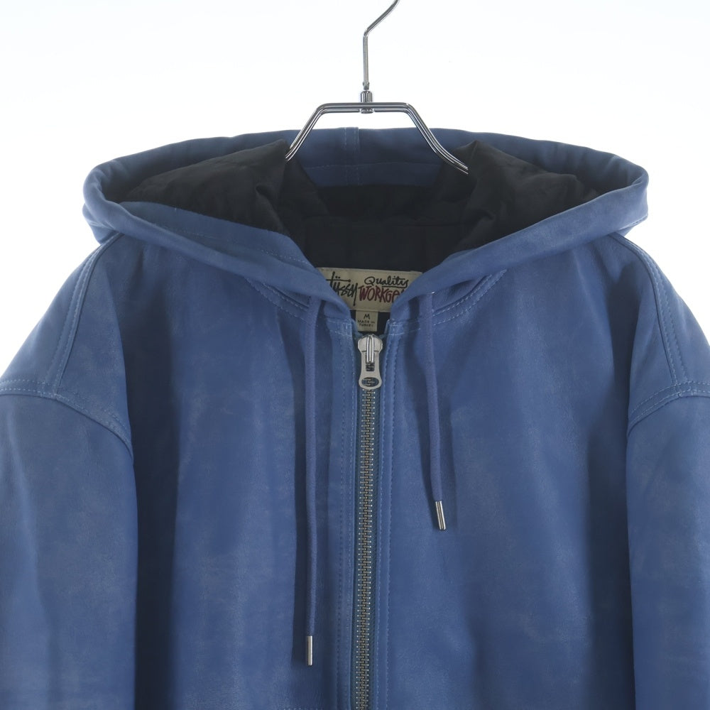 STUSSY(ステューシー) 24SS WORK JACKET STONE WASH LEATHER BLUE ウォッシュ加工 ジップアップ レザー ボンバージャケット ブルー