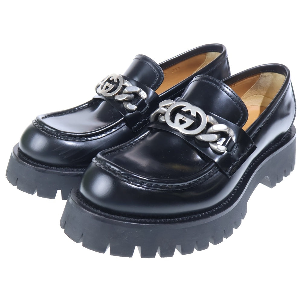 GUCCI(グッチ) インターロッキングGチェーン レザー ローファー ブラック 752093