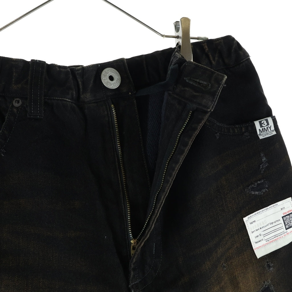 MAISON MIHARAYASUHIRO(メゾンミハラヤスヒロ) Waist Layered Denim pants ダメージ加工 ウエスト レイヤード ドッキング ジップフライ スウェット デニムパンツ ブラック A15PT023