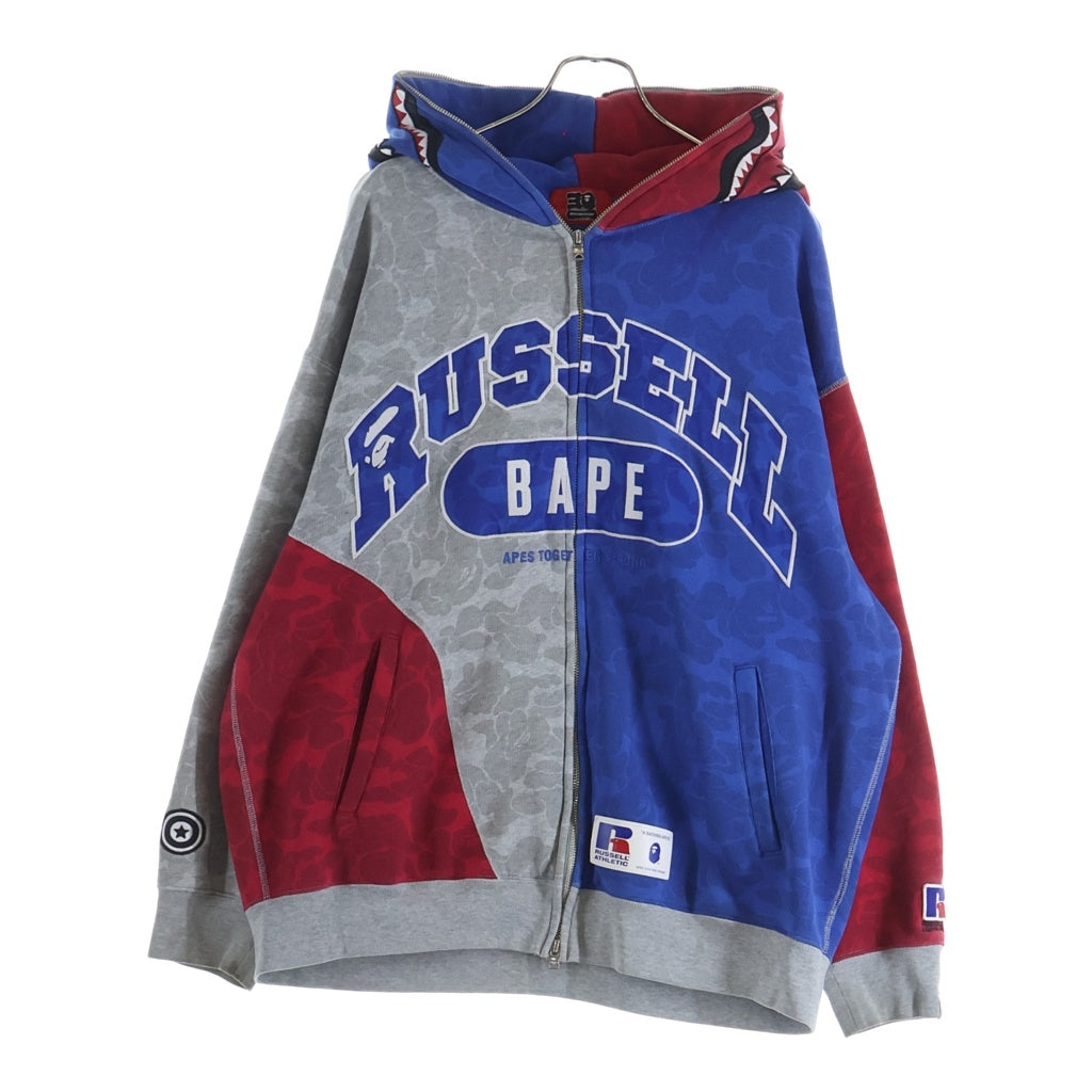 A BATHING APE(アベイシングエイプ) × RUSSEL ATHLETIC SHARK FULL ZIP HOODIE × ラッセル アスレチック ジップアップ シャーク フーディーパーカー グレー/レッド/ブルー 001ZPJ731906C