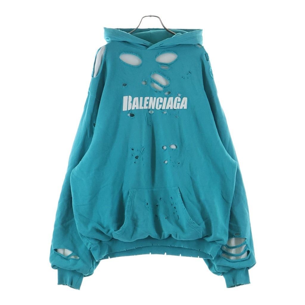 BALENCIAGA(バレンシアガ) 21SS Caps Destroyed Hoodie デストロイ加工 フロントロゴ プルオーバースウェットパーカー フーディ ブルー 659403 TKVB6