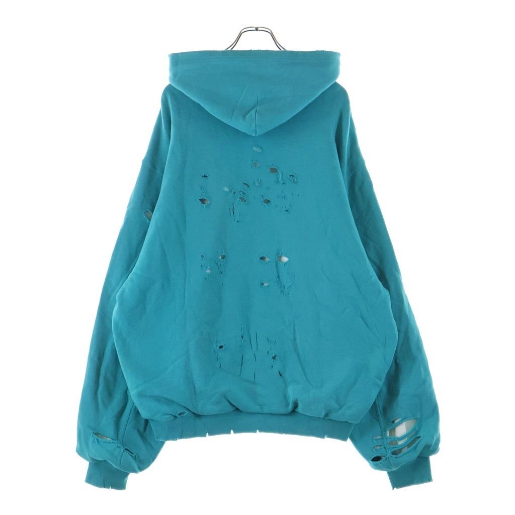 BALENCIAGA(バレンシアガ) 21SS Caps Destroyed Hoodie デストロイ加工 フロントロゴ プルオーバースウェットパーカー フーディ ブルー 659403 TKVB6