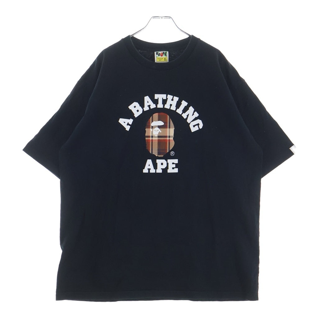 A BATHING APE(アベイシングエイプ) チェック柄ロゴプリント クルーネック 半袖Tシャツ カットソー ブラック 001TEH301047X