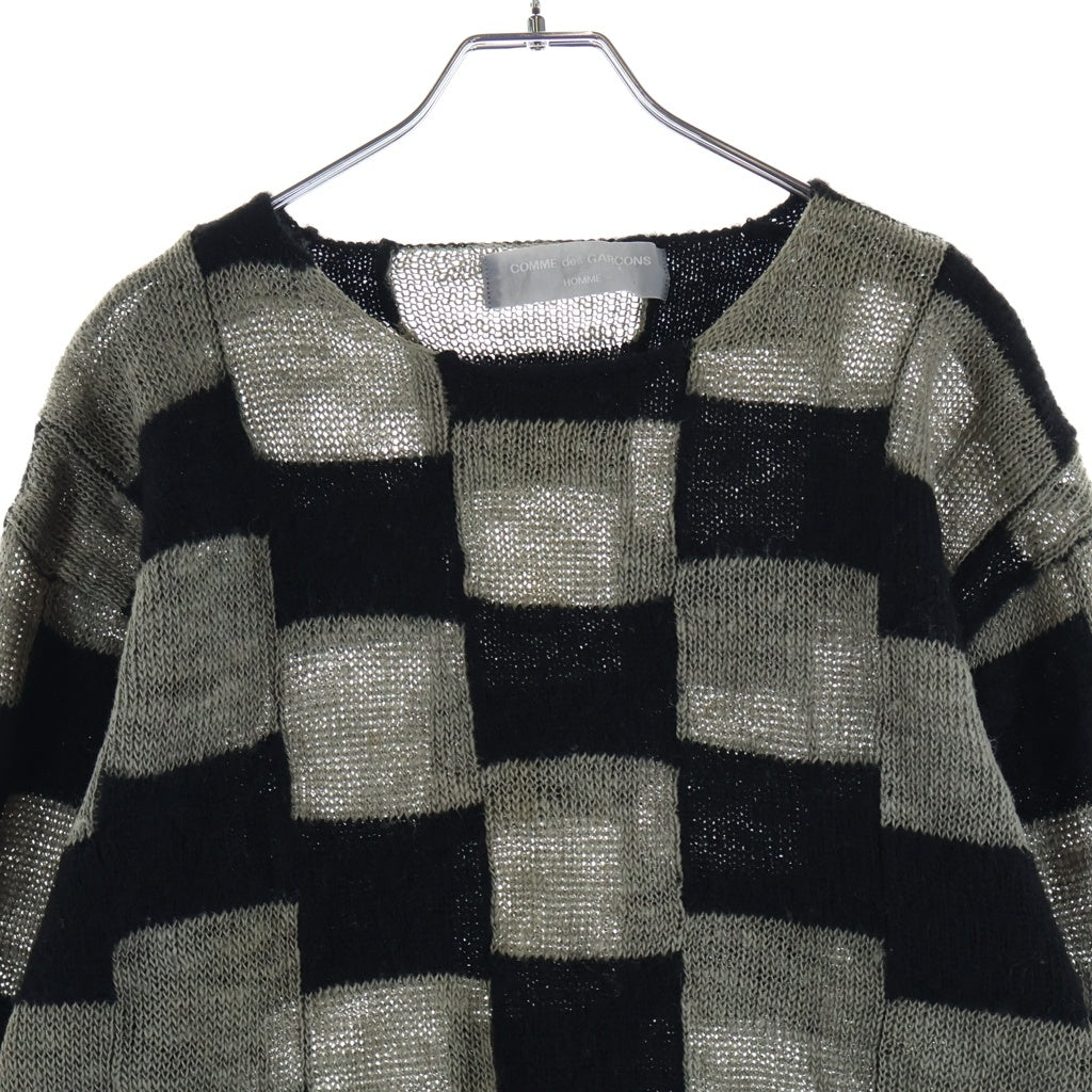 COMME des GARCONS HOMME(コムデギャルソンオム) 00SS 田中オム ブロックチェック Vネック リネン ウール ニットセーター ブラック/グレージュ HN-100180 AD1999
