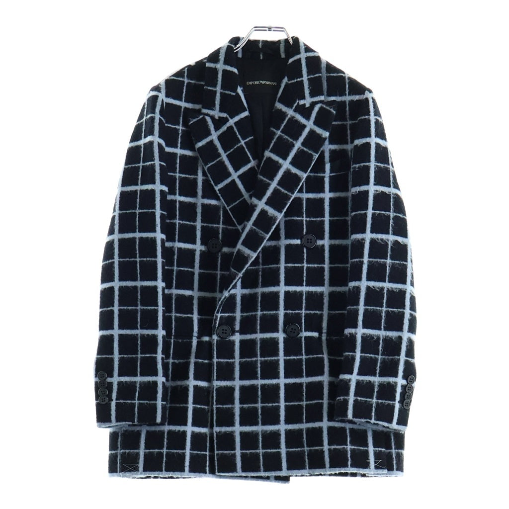EMPORIO ARMANI(エンポリオアルマーニ) ピークドラペル チェック柄 ラナウール混 ダブルテーラードジャケット コート ブラック/ブルー 1NG53T 12704