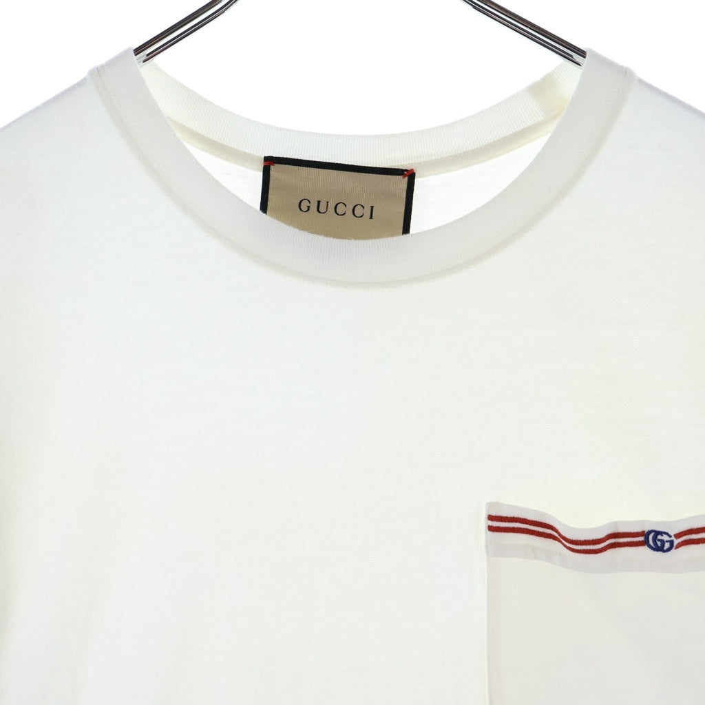 GUCCI(グッチ) フロントポケット ロゴエンブロイダリー クルーネック半袖Tシャツ カットソー ホワイト 673710 XJDVI