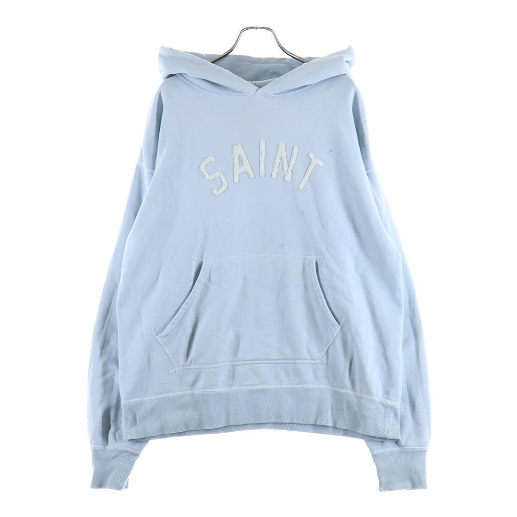 SAINT MICHAEL(セントマイケル) 22AW HOLY RELICS FELT HOODIE ヴィンテージ加工 フェルトロゴ フーディー プルオーバー スウェットパーカー ライトブルー SM-A22-0000-022