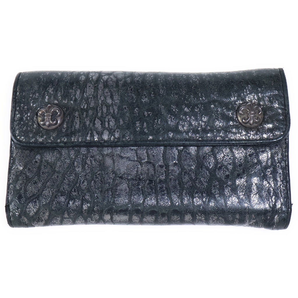 CHROME HEARTS(クロムハーツ) WAVE ウェーブ メタリックシボ加工 フレアボタン レザーウォレット 財布 ブラック/シルバー