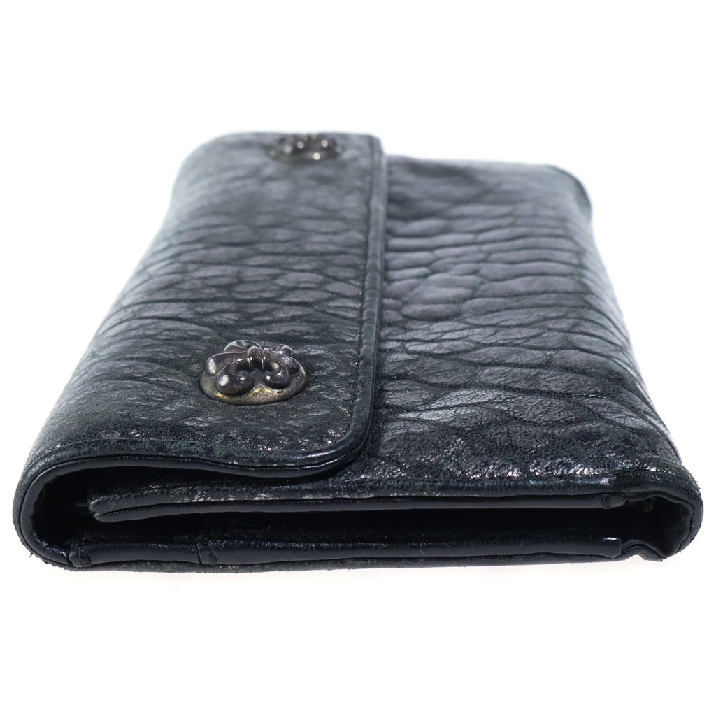CHROME HEARTS(クロムハーツ) WAVE ウェーブ メタリックシボ加工 フレアボタン レザーウォレット 財布 ブラック/シルバー