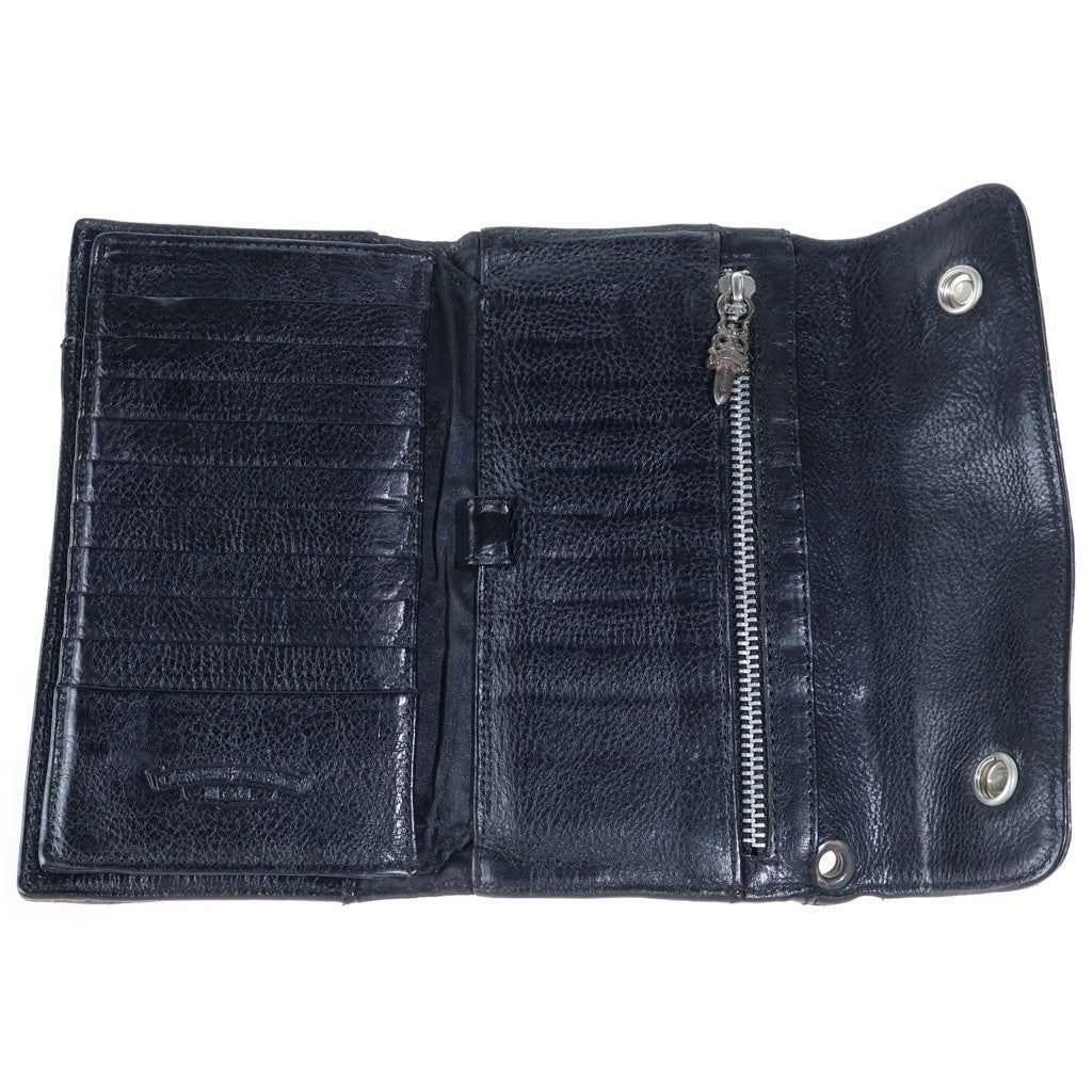 CHROME HEARTS(クロムハーツ) WAVE ウェーブ メタリックシボ加工 フレアボタン レザーウォレット 財布 ブラック/シルバー