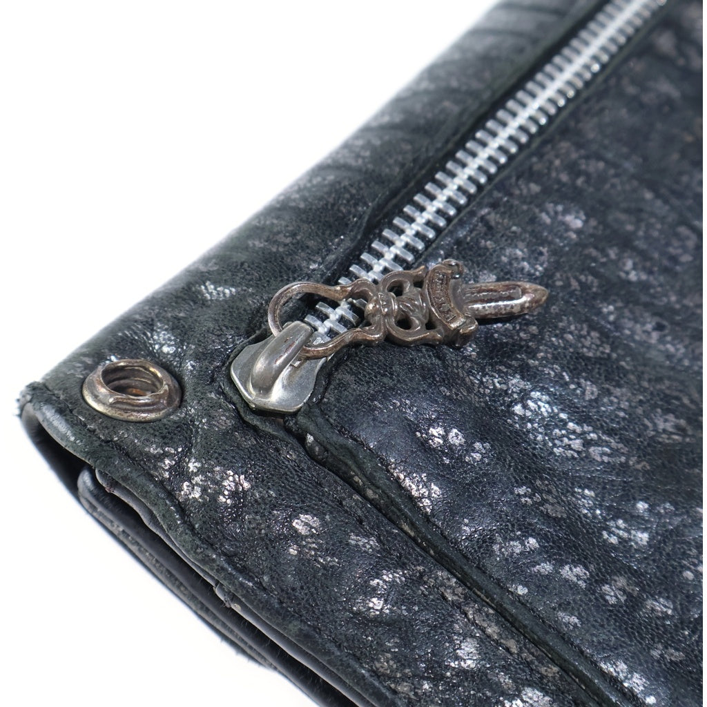 CHROME HEARTS(クロムハーツ) WAVE ウェーブ メタリックシボ加工 フレアボタン レザーウォレット 財布 ブラック/シルバー