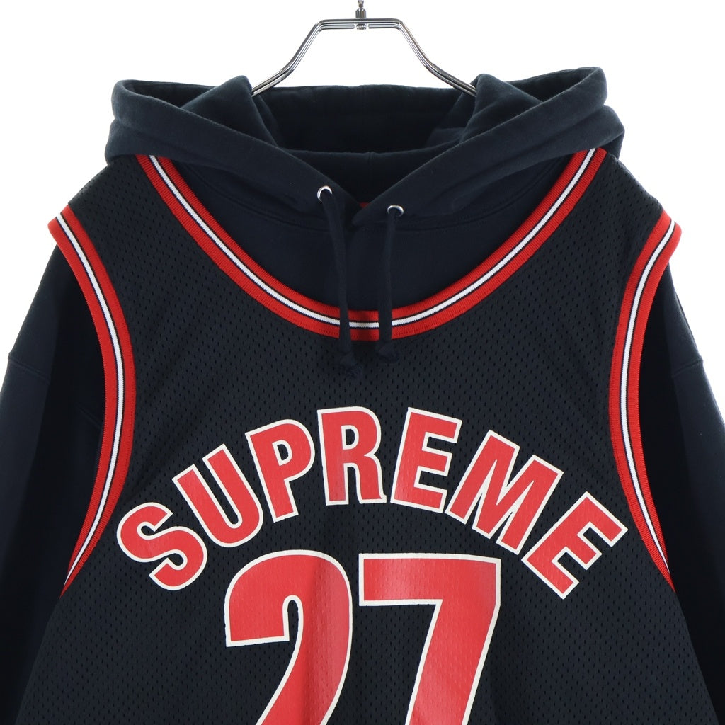 SUPREME(シュプリーム) 21SS Basketball Jersey Hooded Sweatshirt バスケットボール ジャージー フーディー プルオーバーパーカー ブラック/レッド