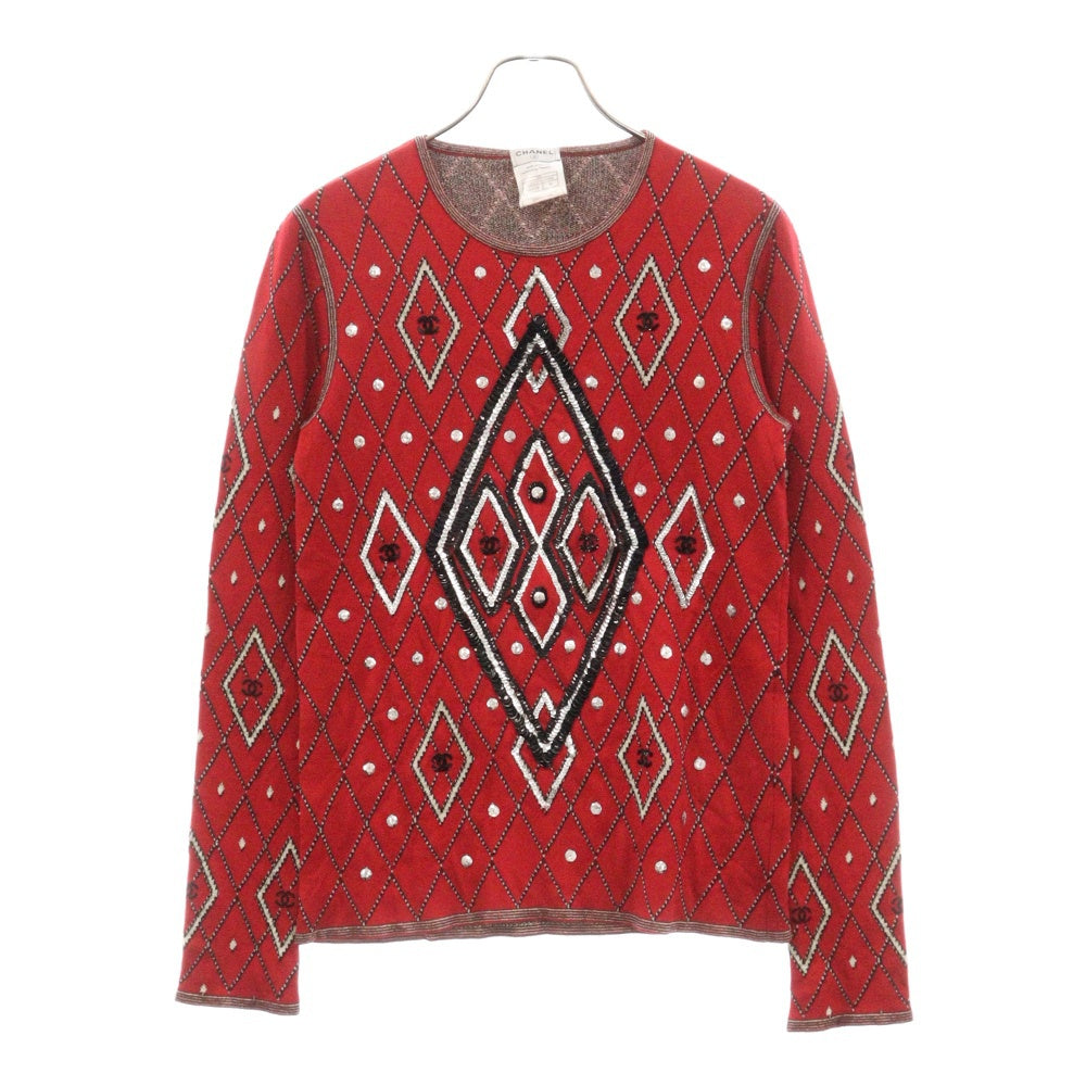 CHANEL(シャネル) ココマーク スパンコール 長袖ニット レッド×ブラック レーヨン×カシミヤ