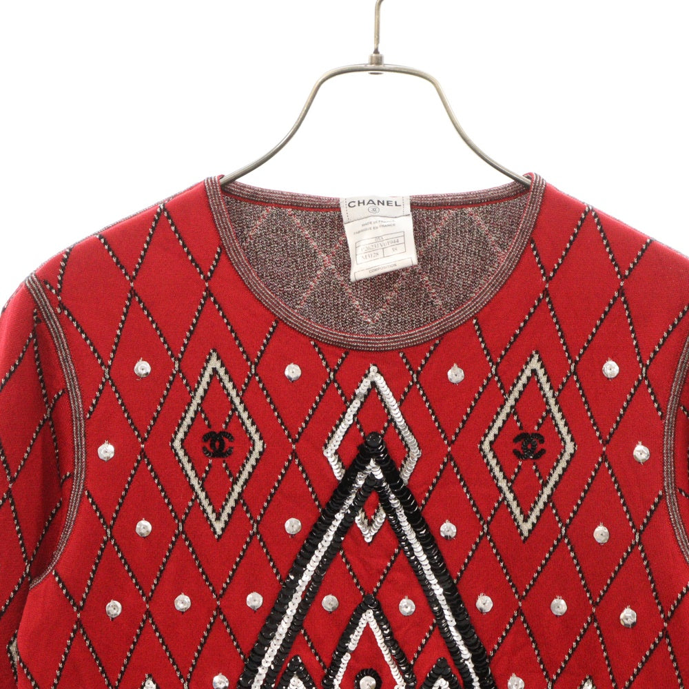 CHANEL(シャネル) ココマーク スパンコール 長袖ニット レッド×ブラック レーヨン×カシミヤ