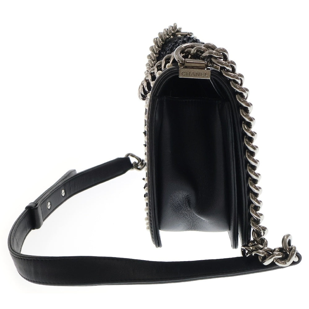 CHANEL(シャネル) ボーイシャネル ツイード ショルダーバッグ パール ブラック×ネイビー レザー×ツイード シリアルシール シルバー金具