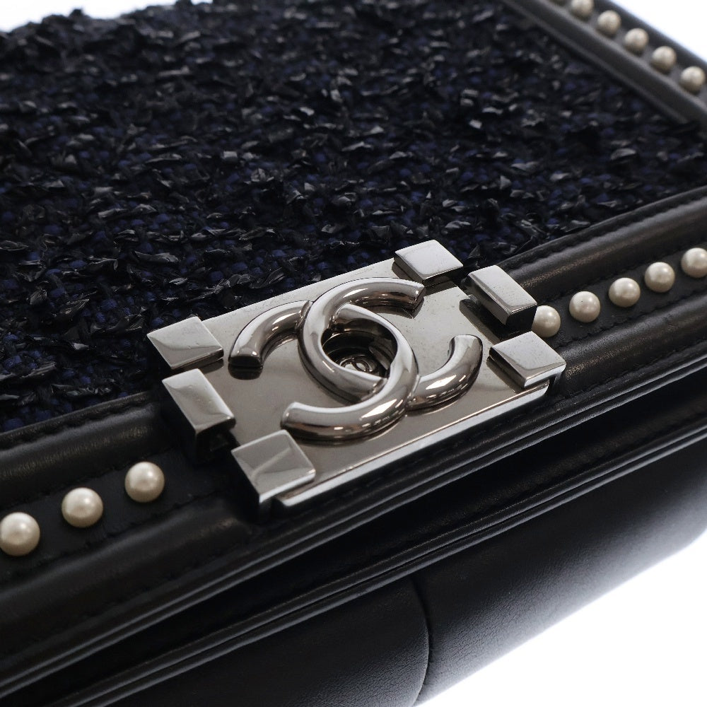 CHANEL(シャネル) ボーイシャネル ツイード ショルダーバッグ パール ブラック×ネイビー レザー×ツイード シリアルシール シルバー金具