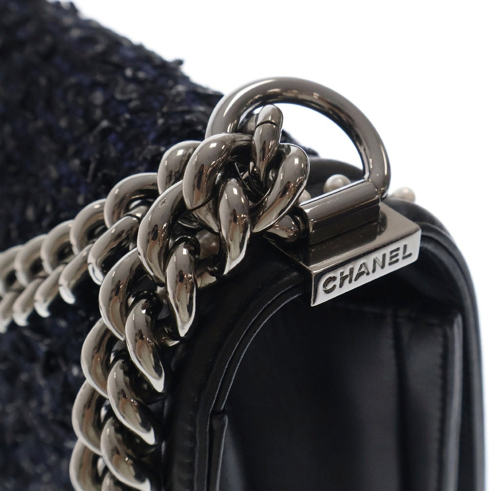 CHANEL(シャネル) ボーイシャネル ツイード ショルダーバッグ パール ブラック×ネイビー レザー×ツイード シリアルシール シルバー金具