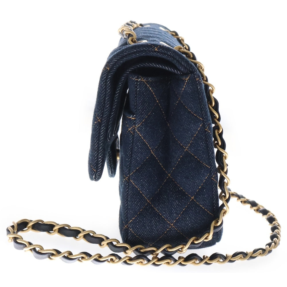 CHANEL(シャネル) マトラッセ25 デニム Wフラップ Wチェーン ネイビー ショルダーバッグ ゴールド金具 シリアルプレート
