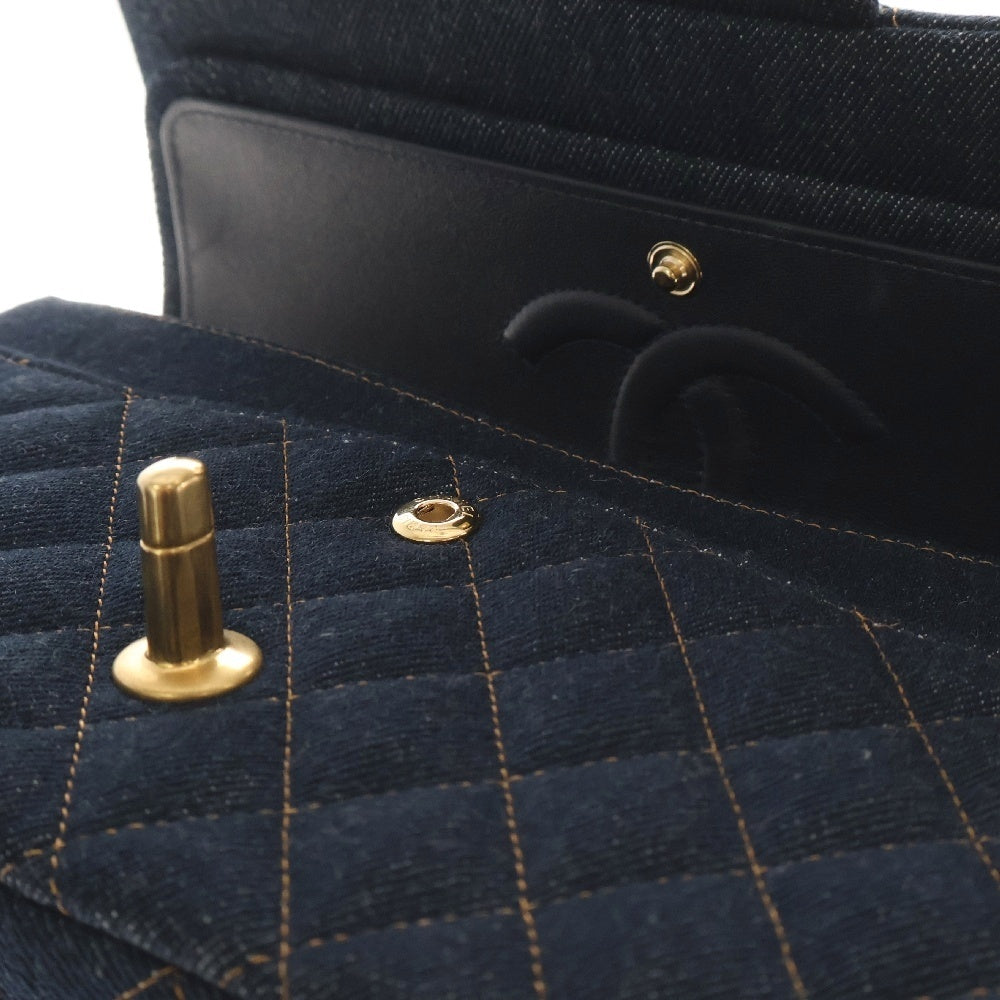 CHANEL(シャネル) マトラッセ25 デニム Wフラップ Wチェーン ネイビー ショルダーバッグ ゴールド金具 シリアルプレート