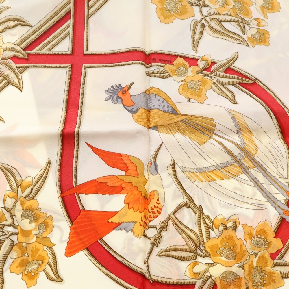 HERMES(エルメス) カレ90 Caraibes カリブ鳥 オレンジ×ホワイト シルク スカーフ