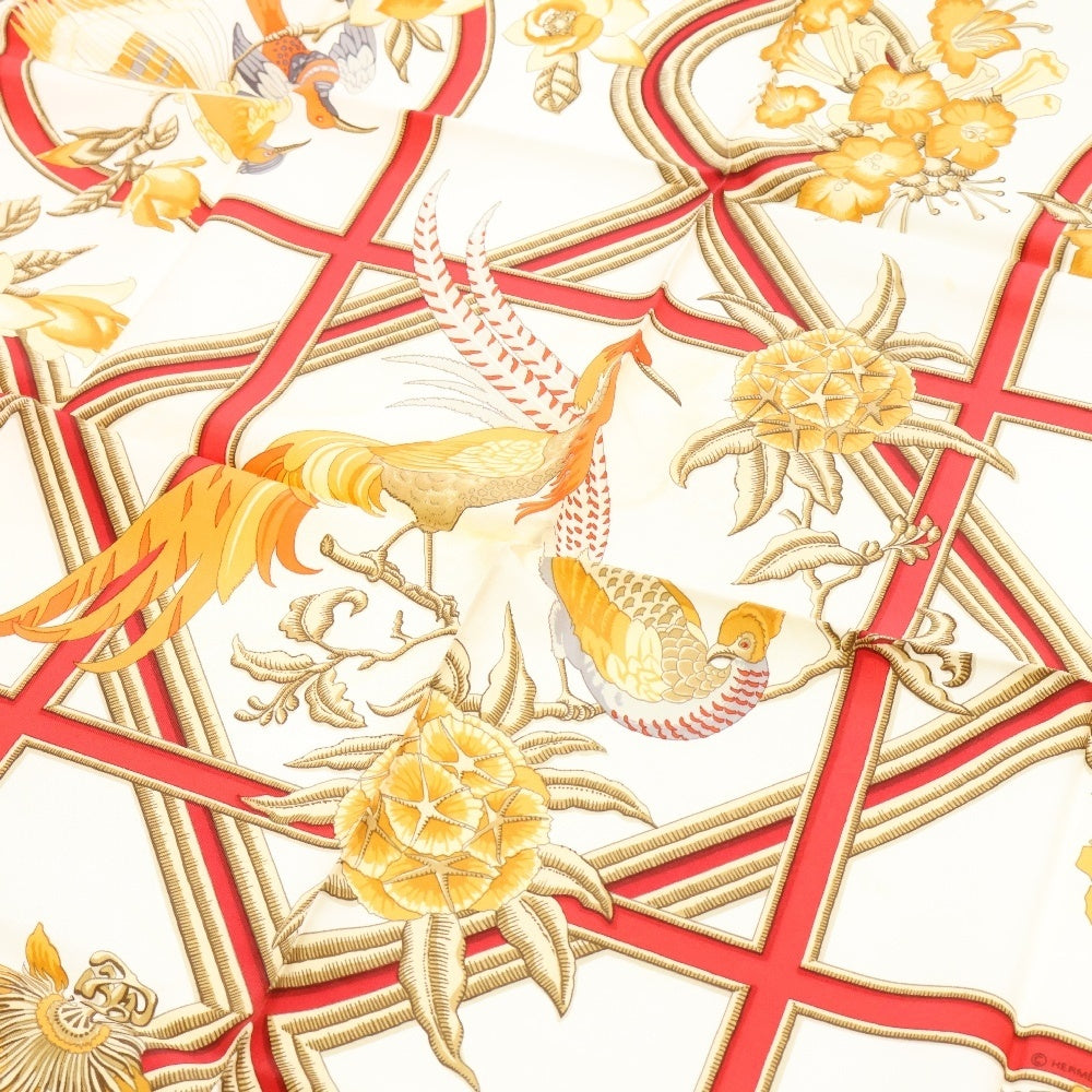 HERMES(エルメス) カレ90 Caraibes カリブ鳥 オレンジ×ホワイト シルク スカーフ
