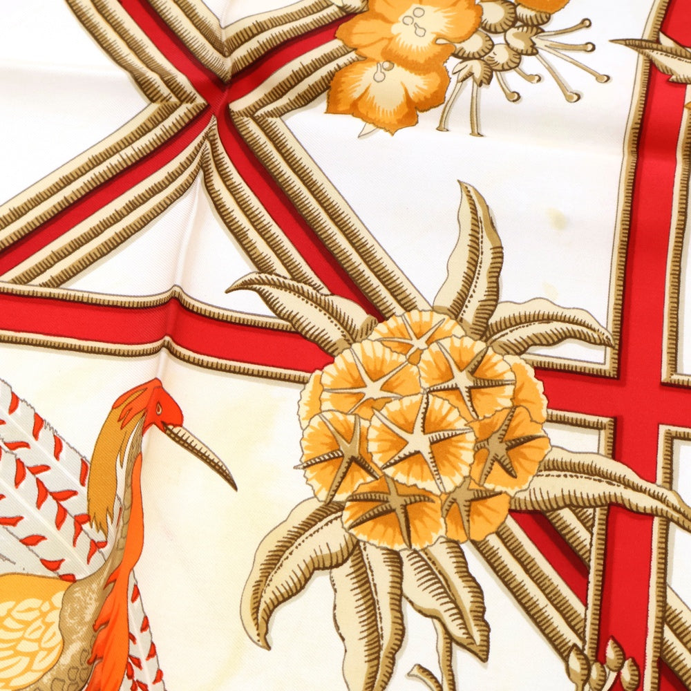 HERMES(エルメス) カレ90 Caraibes カリブ鳥 オレンジ×ホワイト シルク スカーフ