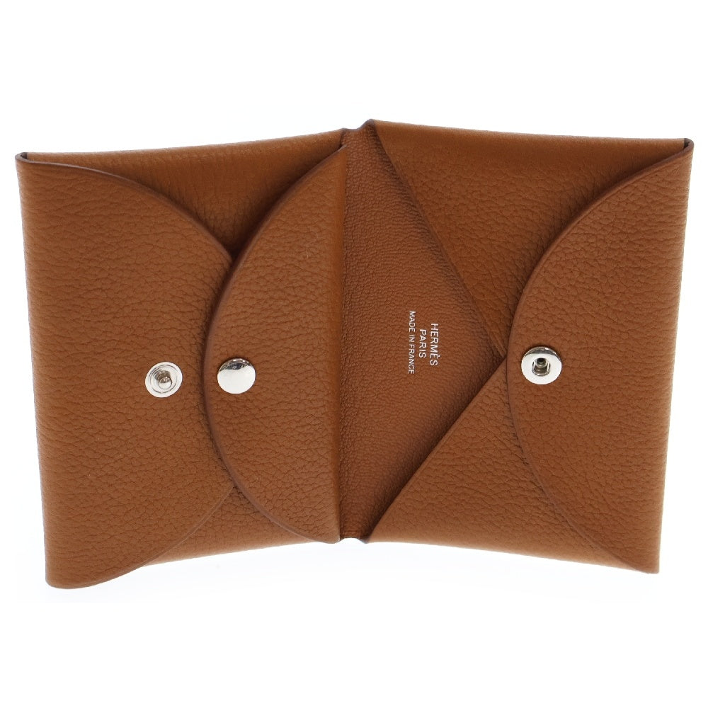 HERMES(エルメス) カルヴィデュオ ゴールド ブラウン系 シェーブル K刻印 シルバー金具 コインケース カードケース