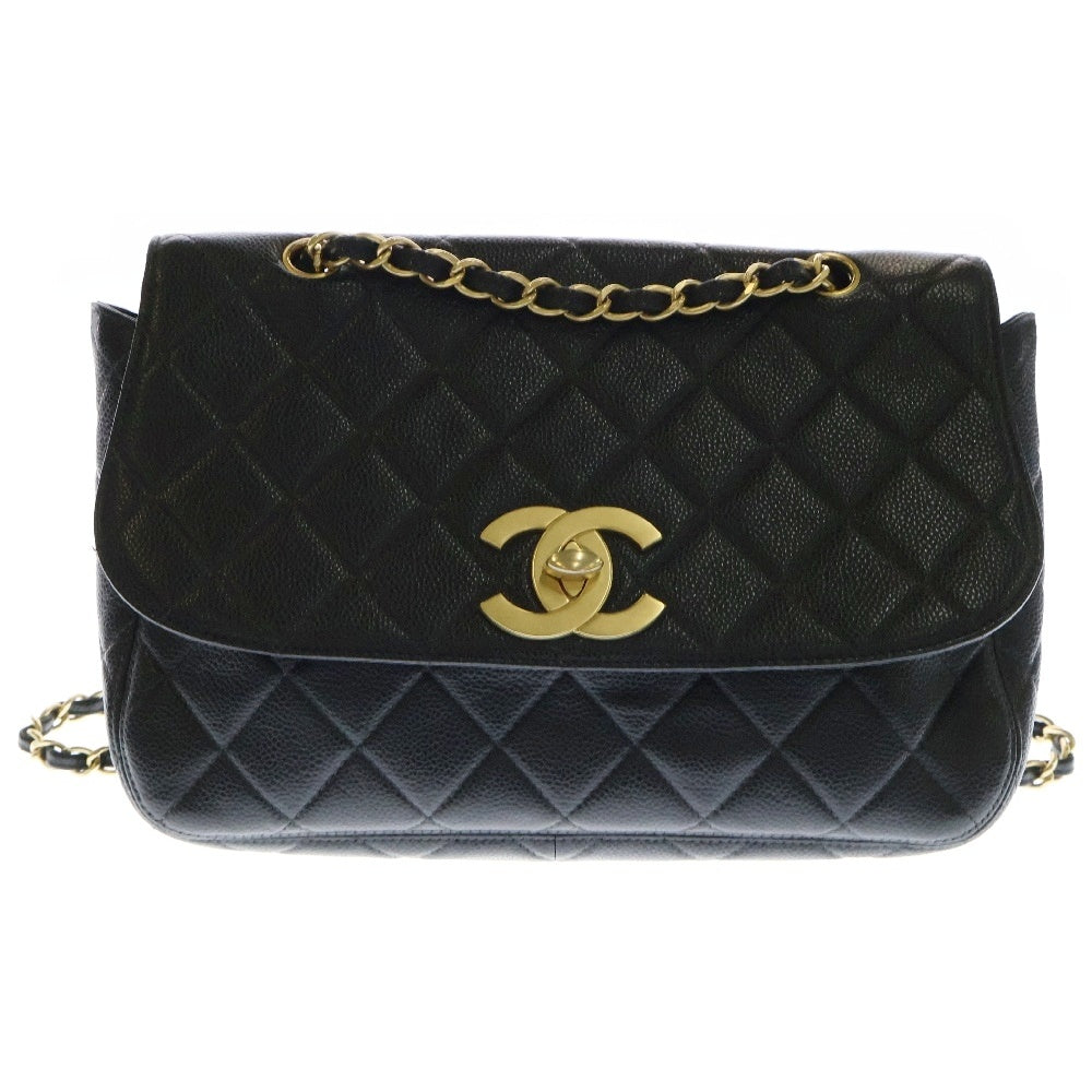 CHANEL(シャネル) マトラッセ30 Sフラップ Wチェーンショルダーバッグ キャビアスキン ゴールド金具 ブラック