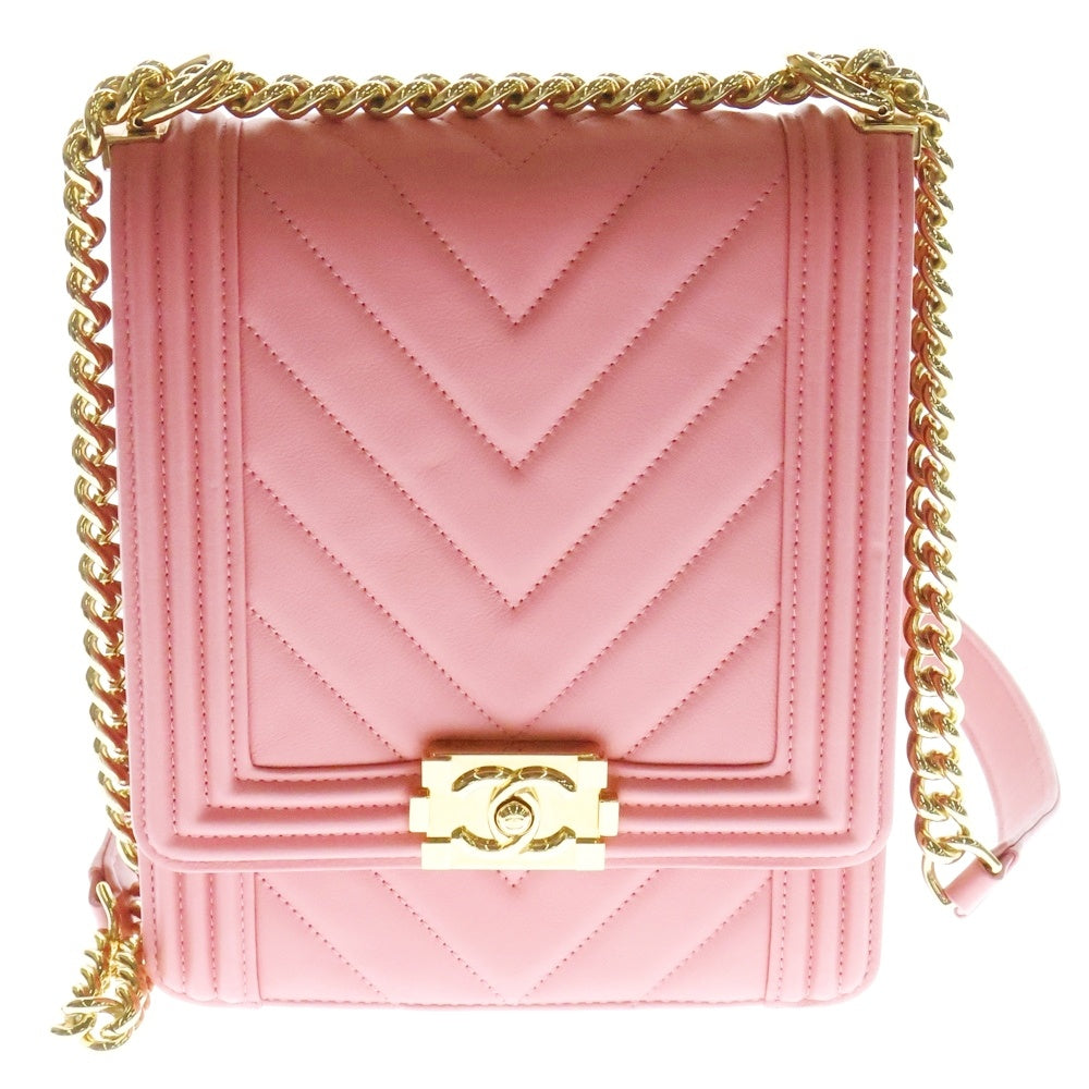 CHANEL(シャネル) ボーイシャネル シェブロン Vステッチ ラムスキン ゴールド金具 ショルダーバッグ ピンク レディース