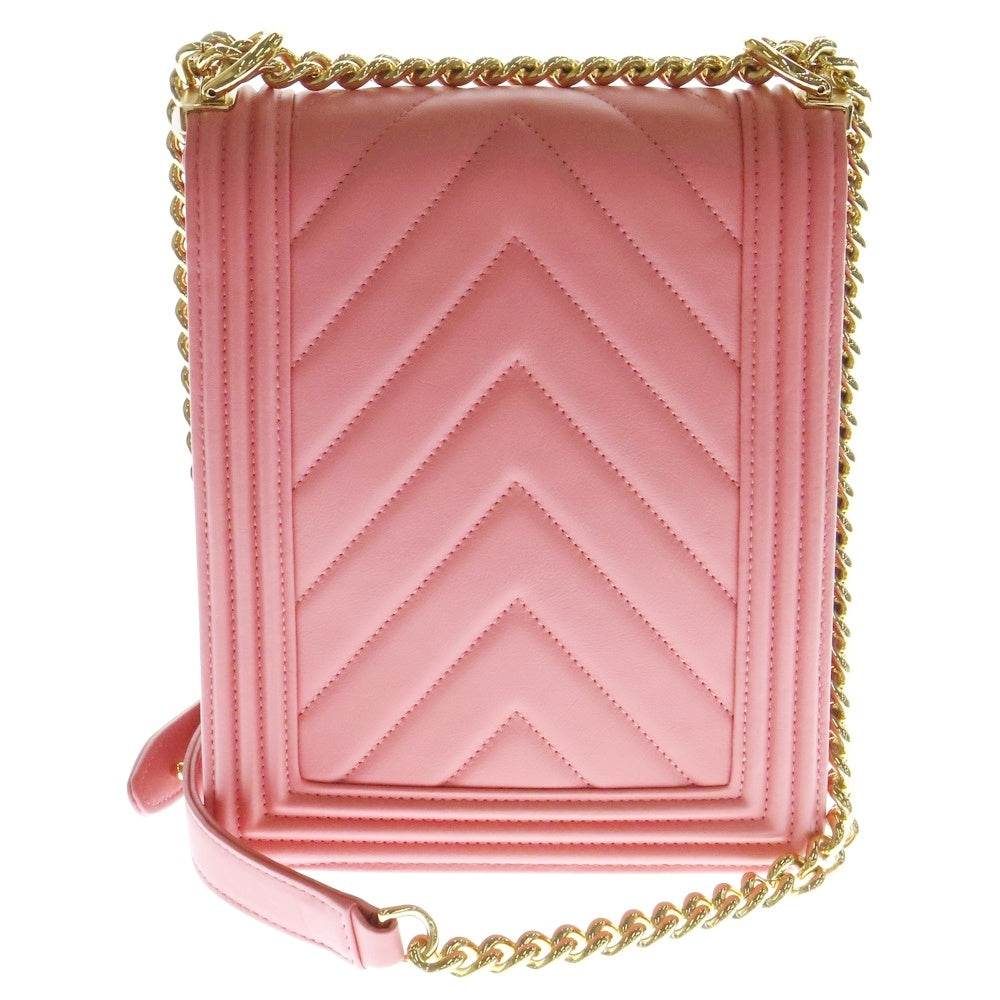 CHANEL(シャネル) ボーイシャネル シェブロン Vステッチ ラムスキン ゴールド金具 ショルダーバッグ ピンク レディース