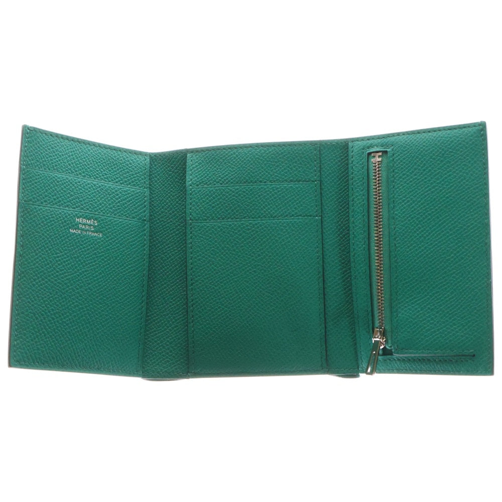 HERMES(エルメス) ベアンコンビネ ヴェールジェイド エプソン コンパクトウォレット 三つ折り財布 カードケース グリーン シルバー金具 レザー Z刻印