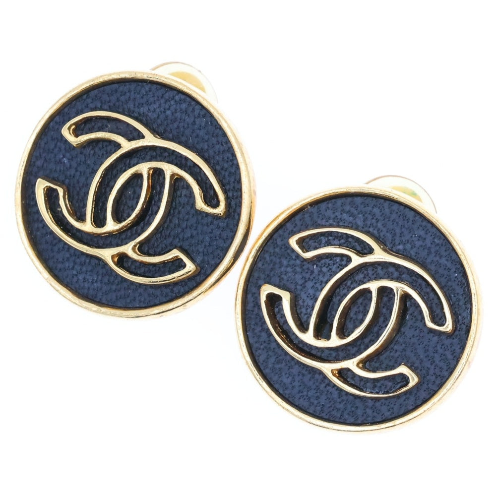 CHANEL(シャネル) ココマーク ラウンド イヤリング イヤーアクセサリー ブラック×ゴールド GP×レザー 01P