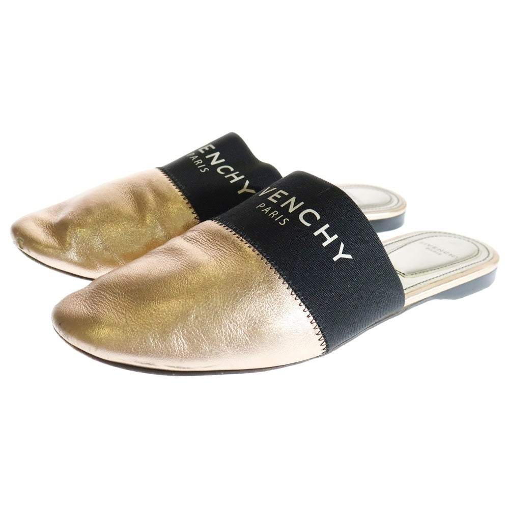 GIVENCHY(ジバンシィ) ロゴ サンダル スリッポン フラットミュール ブラック×メタリックベージュ レザー×キャンバス レディース