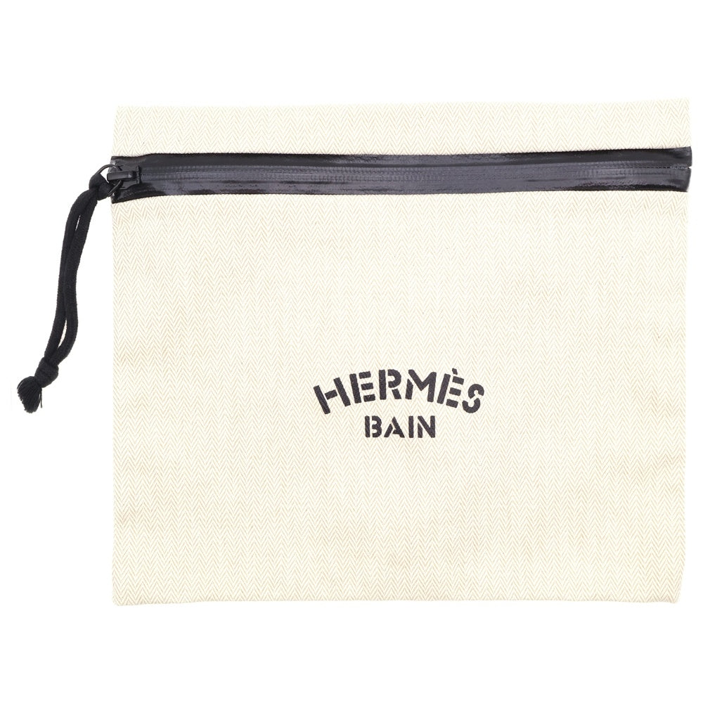 HERMES(エルメス) BAIN ロゴプリント 止水ジップ キャンバス ポーチ ベージュ/ブラック
