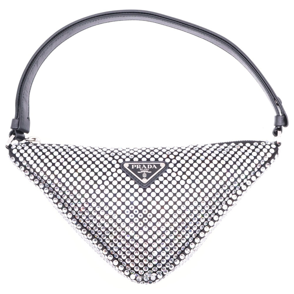 PRADA(プラダ) クリスタルスタッズ ラインストーン ワンショルダーバッグ ハンドバッグ シルバー×ブラック サテン シルバー金具 1NQ044