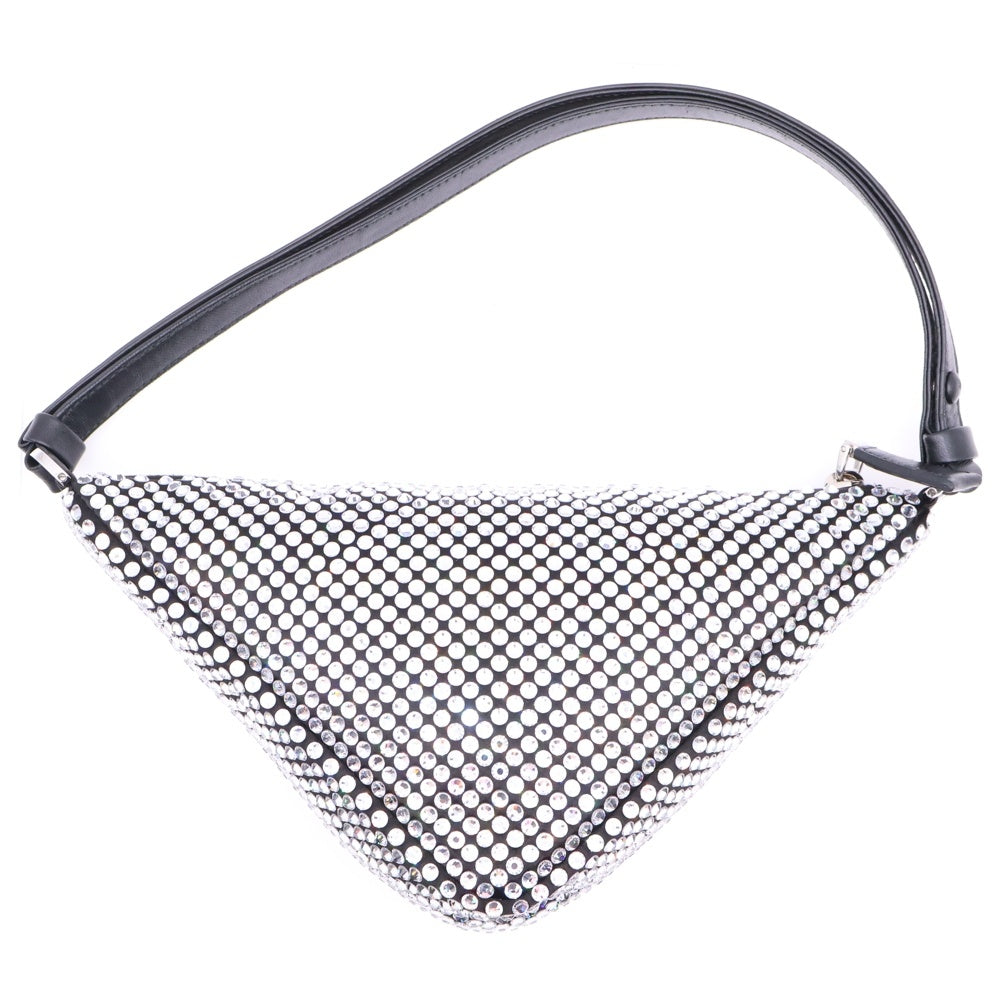 PRADA(プラダ) クリスタルスタッズ ラインストーン ワンショルダーバッグ ハンドバッグ シルバー×ブラック サテン シルバー金具 1NQ044