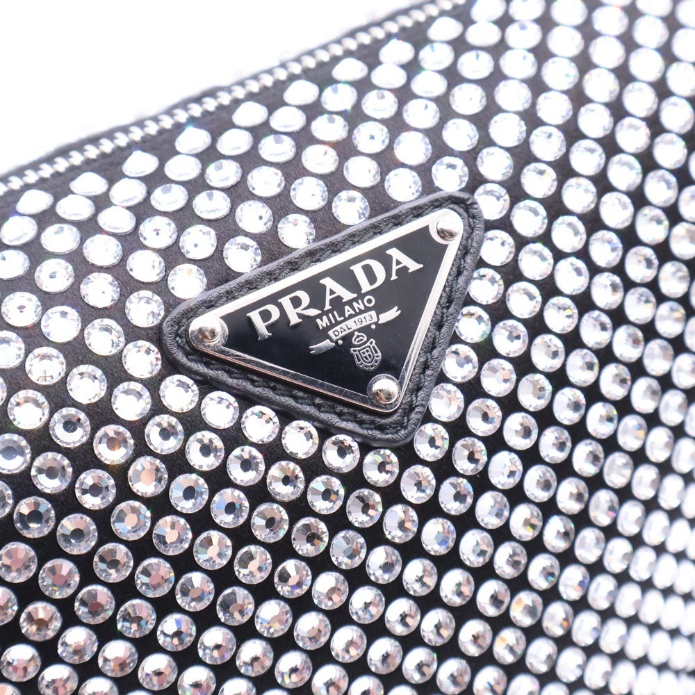 PRADA(プラダ) クリスタルスタッズ ラインストーン ワンショルダーバッグ ハンドバッグ シルバー×ブラック サテン シルバー金具 1NQ044