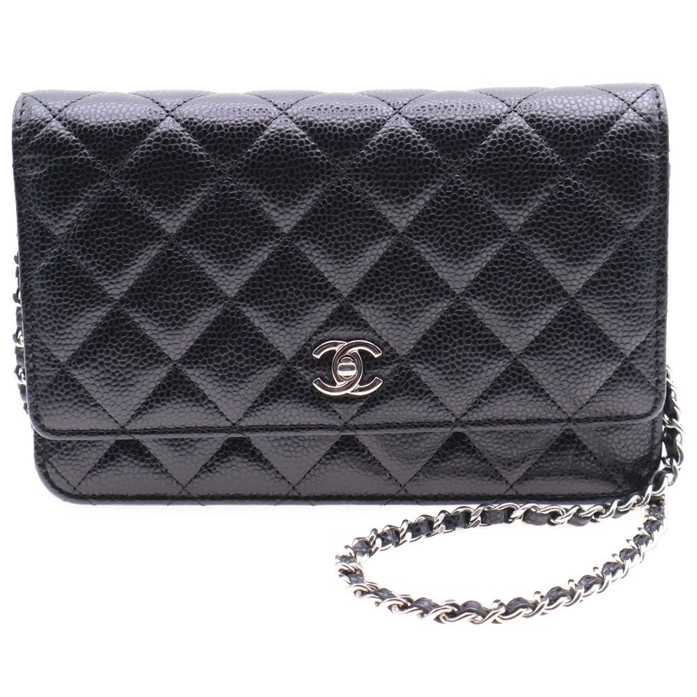 CHANEL(シャネル) マトラッセ ココマーク ターンロック キャビアスキン レザー ショルダーバッグ チェーンウォレット シルバー金具 ブラック ランダムプレート