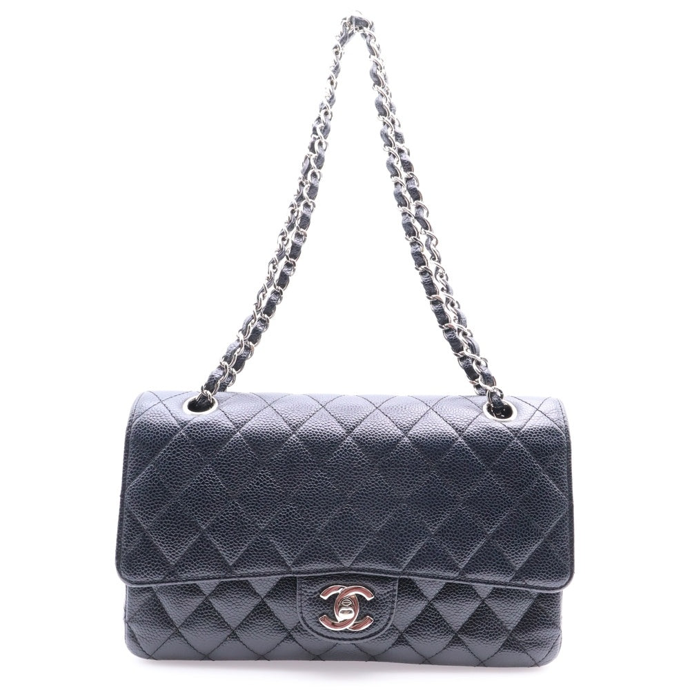 CHANEL(シャネル) マトラッセ25 Wフラップ Wチェーン ショルダーバッグ ブラック キャビアスキン シルバー金具