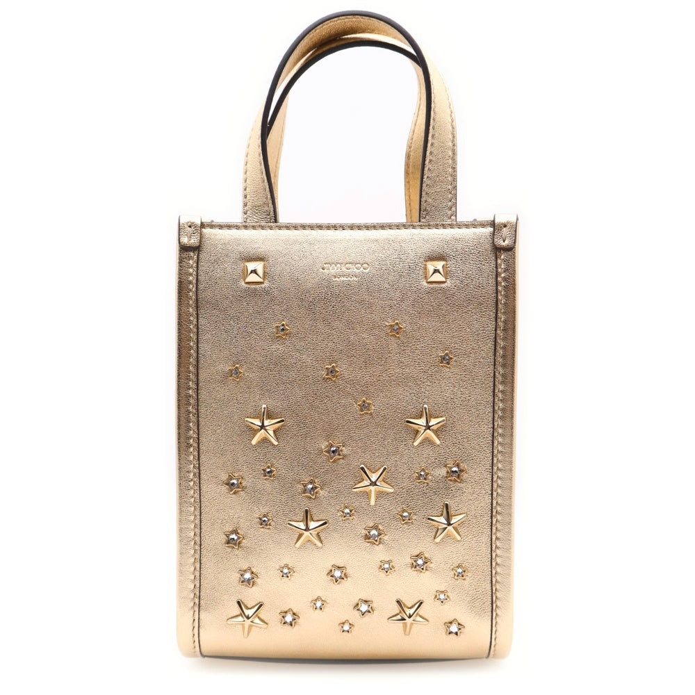 JIMMY CHOO(ジミーチュウ) MINI N/S TOTE ミニ メタリック スタースタッズ ラインストーン 2WAY レザー ハンド ショルダー トートバッグ ゴールド レディース J000160313001
