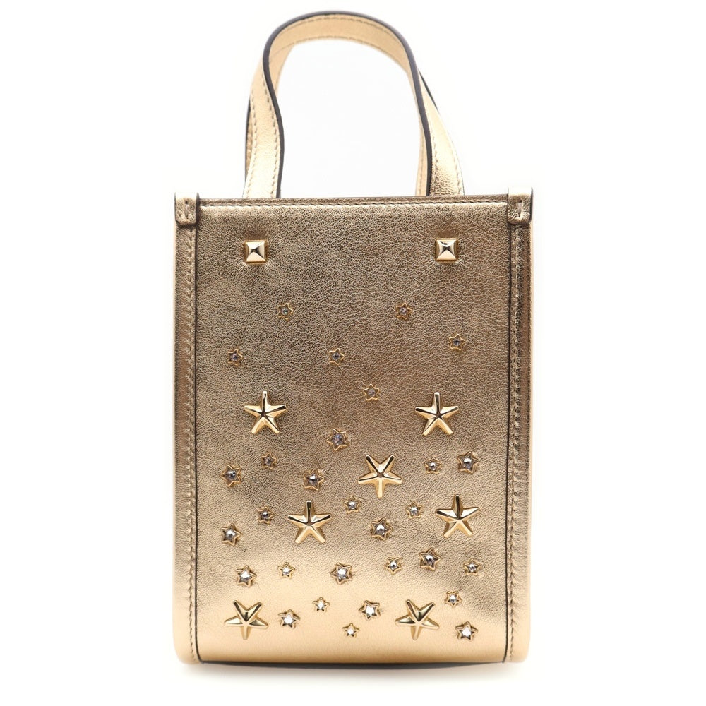 JIMMY CHOO(ジミーチュウ) MINI N/S TOTE ミニ メタリック スタースタッズ ラインストーン 2WAY レザー ハンド ショルダー トートバッグ ゴールド レディース J000160313001