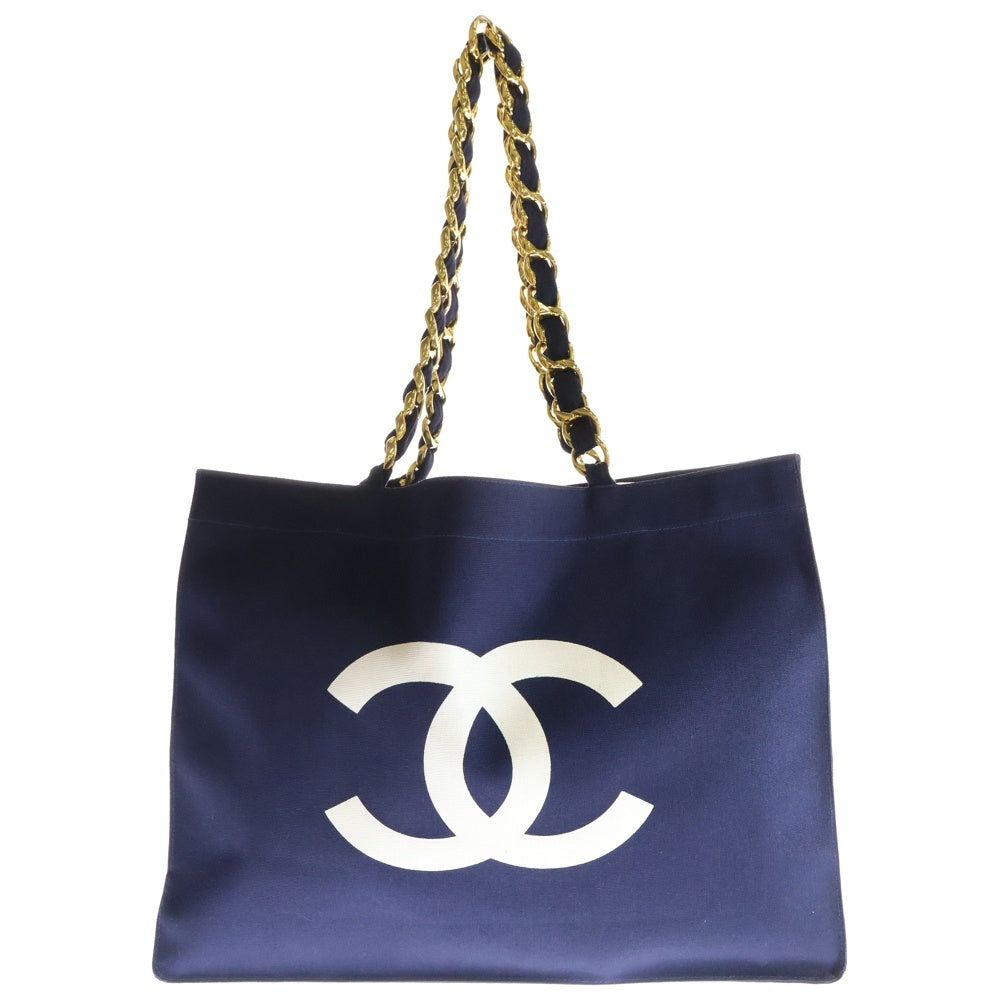 CHANEL(シャネル) ココマーク ポーチ付 キャンパス チェーントートバッグ ネイビー レディース