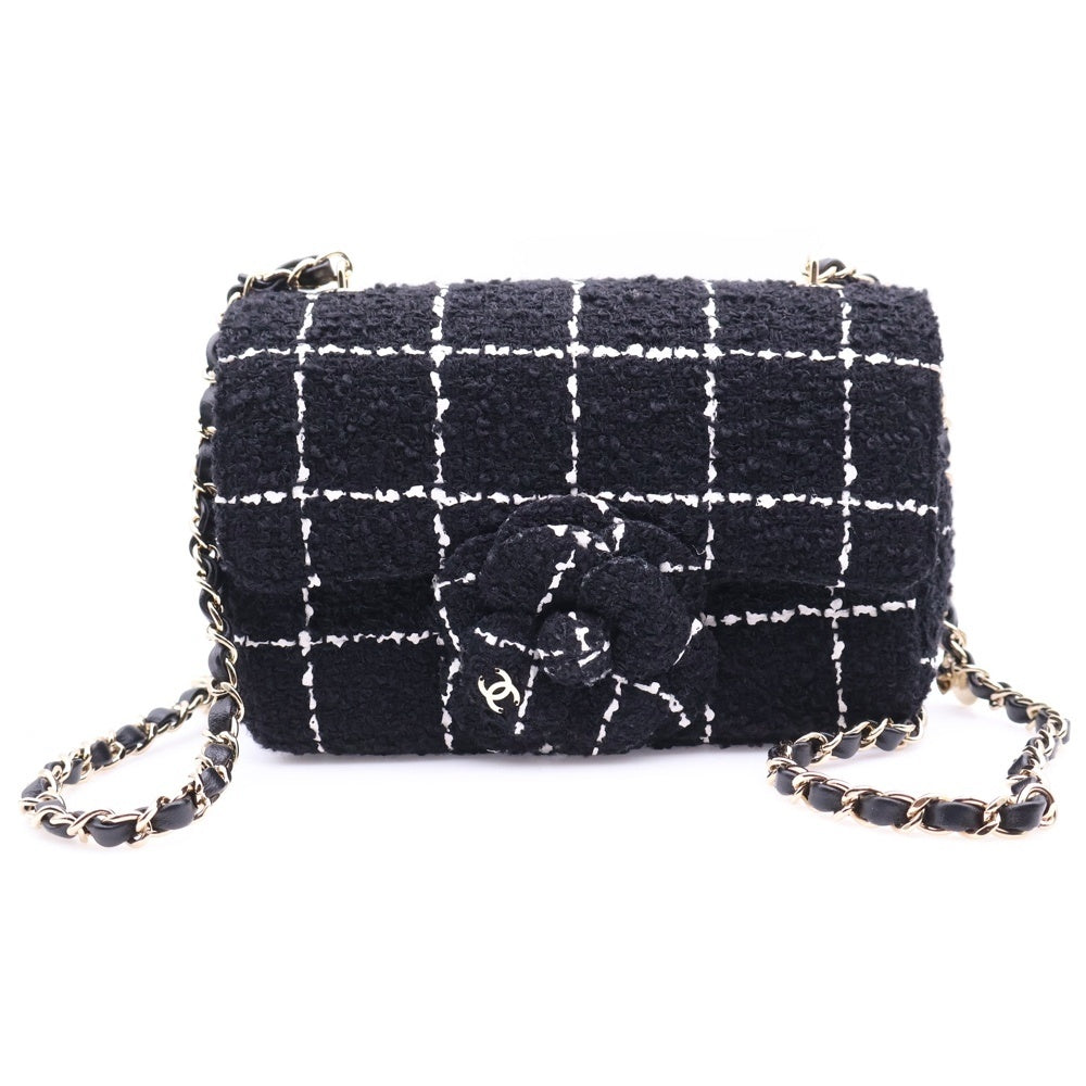 CHANEL(シャネル) カメリア チェーンショルダーバッグ ブラック ツイード ゴールド金具